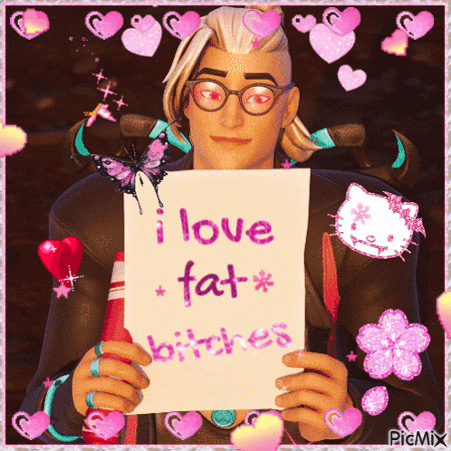 a man with glasses is holding a sign that says i love fat bitches