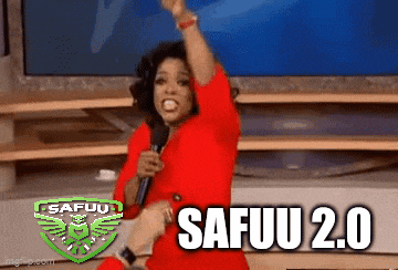 a woman in a red dress is holding a microphone and the words safuu 2.0 are above her