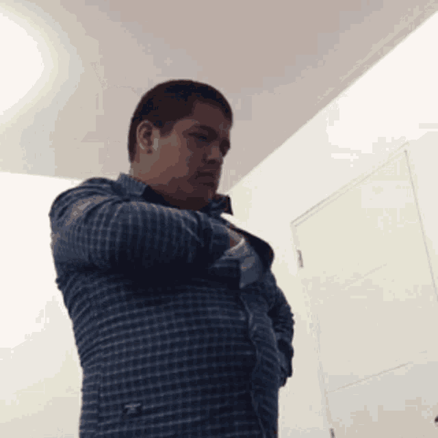a man in a blue plaid shirt is standing in a room