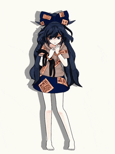 a drawing of a girl with long black hair and a blue bow