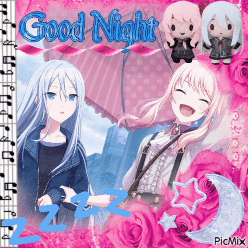 a greeting card that says good night with two anime girls