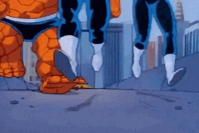 a cartoon of the fantastic four running in a city