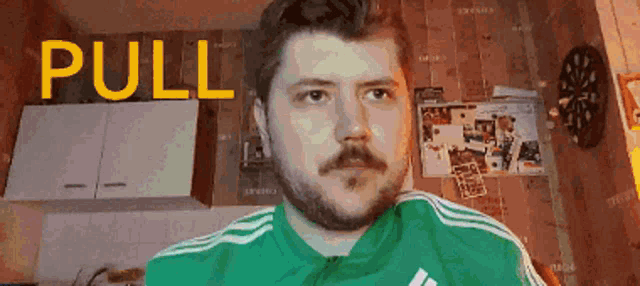 a man with a beard and mustache wearing a green adidas shirt with the word pull above him