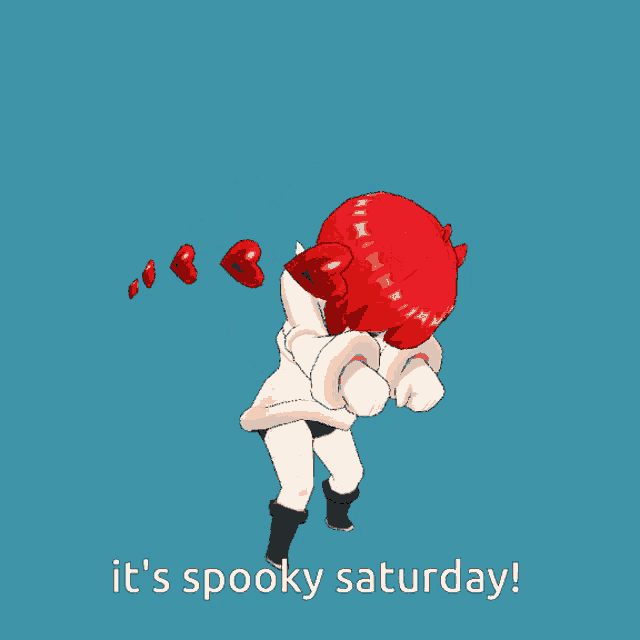 a little girl with red hair is dancing with the words it 's spooky saturday behind her