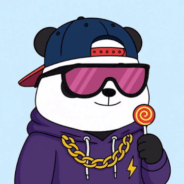 a panda bear wearing sunglasses and a purple hoodie holds a lollipop