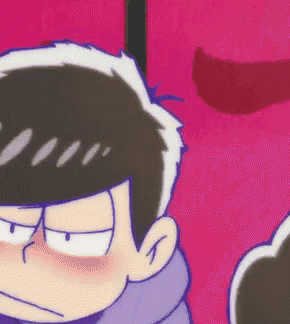 a close up of a cartoon character 's face against a pink background