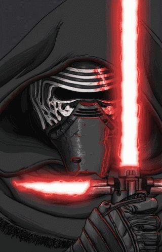 a black and white drawing of kylo ren holding a red lightsaber
