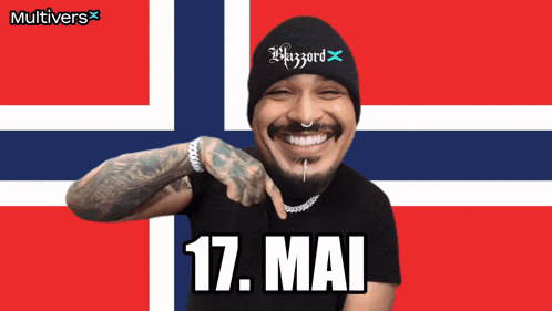 a man wearing a beanie with the word blizzard on it is pointing at the camera in front of a norwegian flag