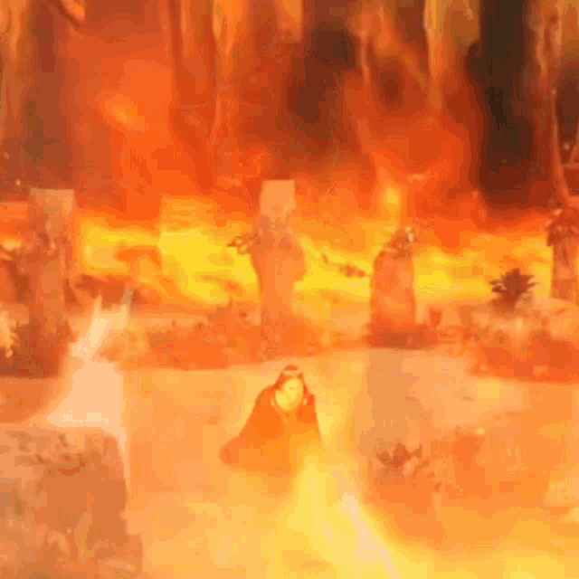 a man is standing in the middle of a fire filled forest .