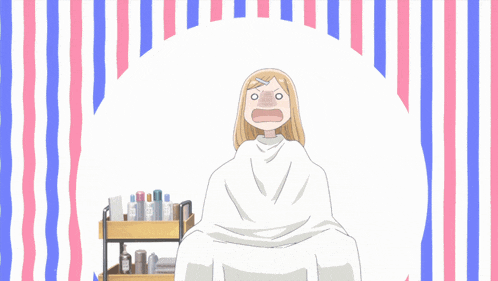 a cartoon illustration of a woman getting her hair cut by a barber