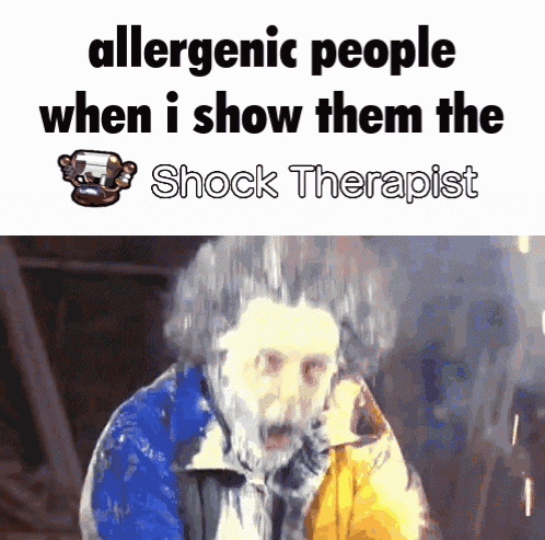 a meme about allergic people shows a man in a colorful jacket