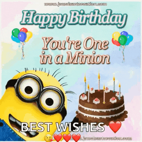 a happy birthday card with a minion and a birthday cake