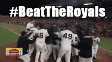 a group of baseball players are kneeling on the field with #beattheroyals written on the bottom