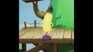 a cartoon of a banana standing on a wooden deck