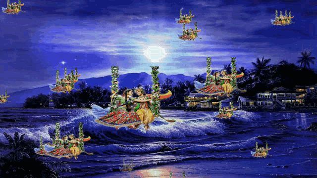 a painting of a group of people flying over a beach