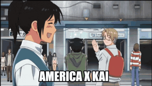 a group of people standing in front of a building with the words america x kai above them