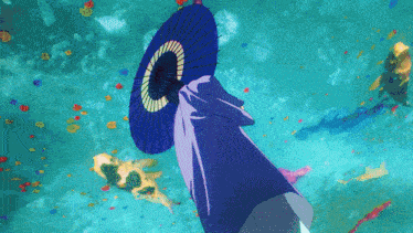 a person holding a blue umbrella in a blue background