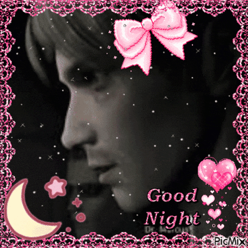 a picture of a man with a pink bow and the words " good night "
