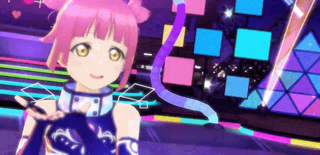 a girl with pink hair and yellow eyes is standing in front of a colorful background