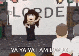 a cartoon of a woman dancing on a stage in front of a crowd of people .