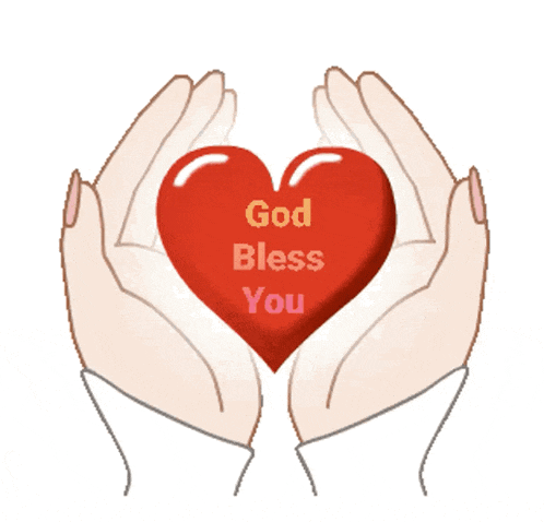 a pair of hands holding a red heart that says " god bless you "
