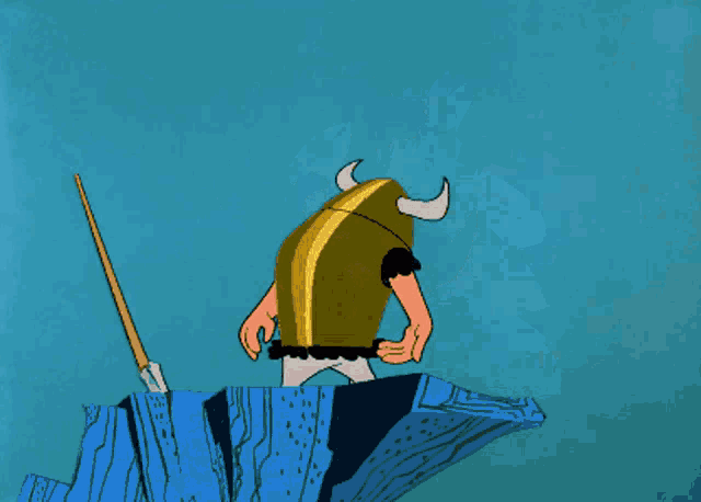 a cartoon drawing of a man with horns and a spear