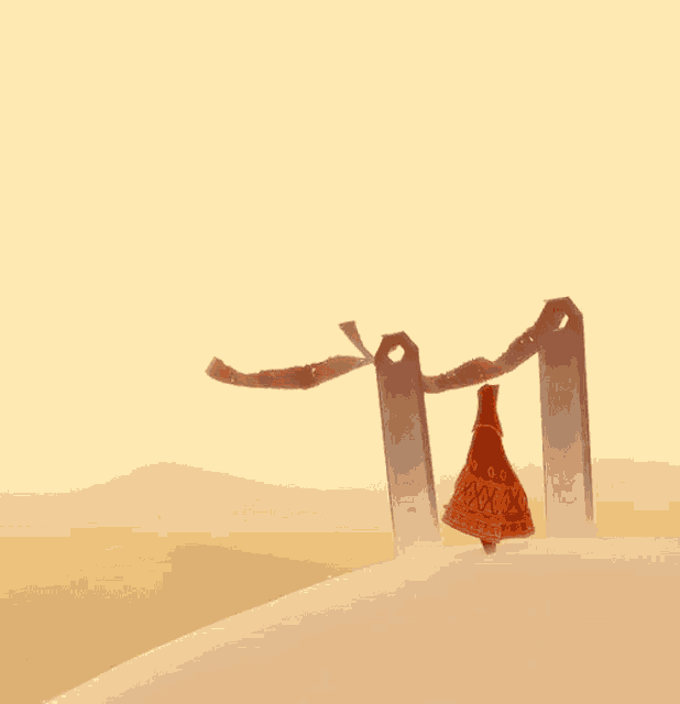 a drawing of a person standing on a sand dune with a scarf around their neck