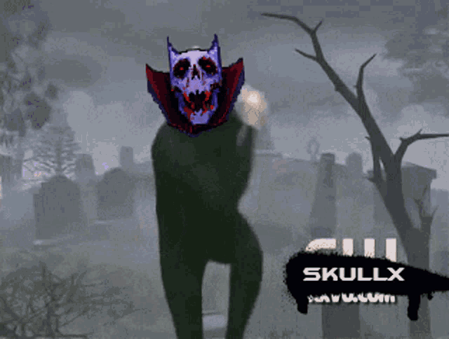 a man with a skull on his head is dancing in a cemetery