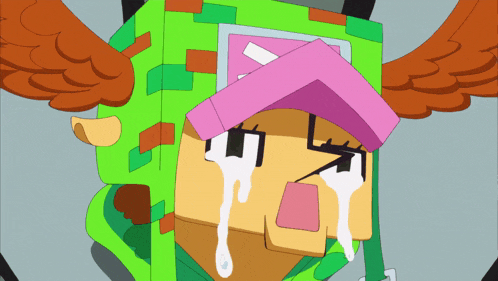 a cartoon character with wings and a pink hat is crying with white tears coming out of his eyes