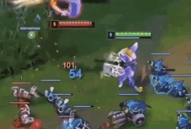 a group of players are playing a video game and one of them has a shield on his back .