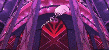 a cartoon character is standing in front of a purple building with a purple tail .