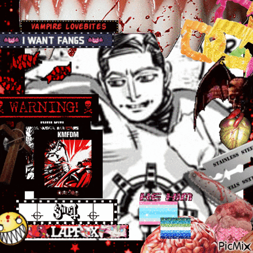 a collage of images including a warning sign