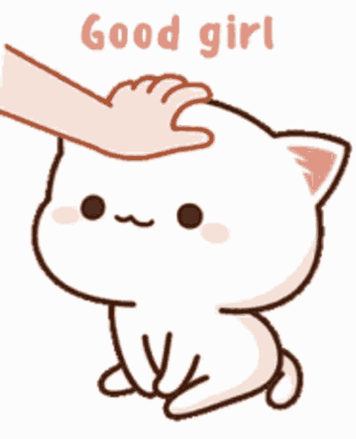 a hand is petting a cat 's head with the words good girl written above it