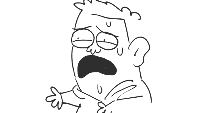 a black and white drawing of a cartoon character with a surprised look on his face