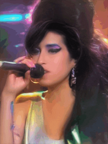 a painting of a woman singing into a microphone with a purple eyeshadow