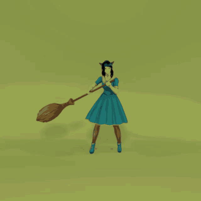 a woman in a blue dress holding a broom