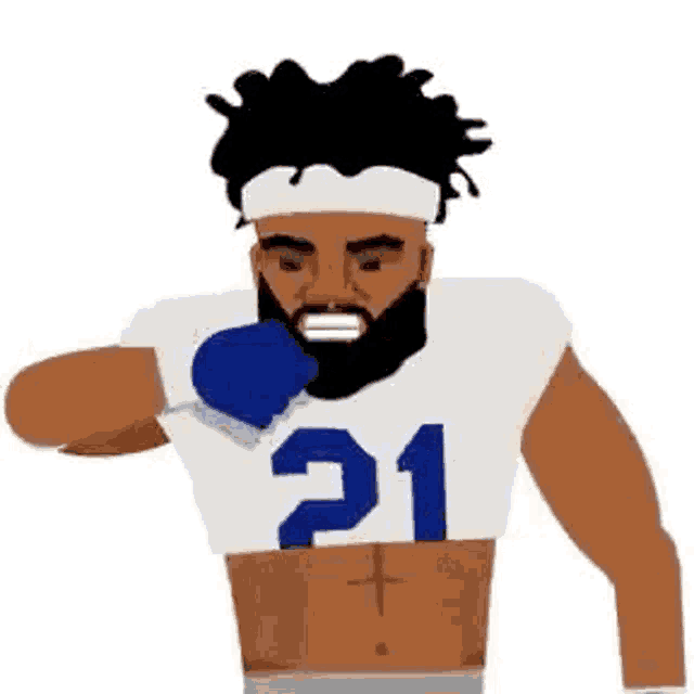 a cartoon of a football player with a beard wearing boxing gloves and a white shirt with the number 21 on it .