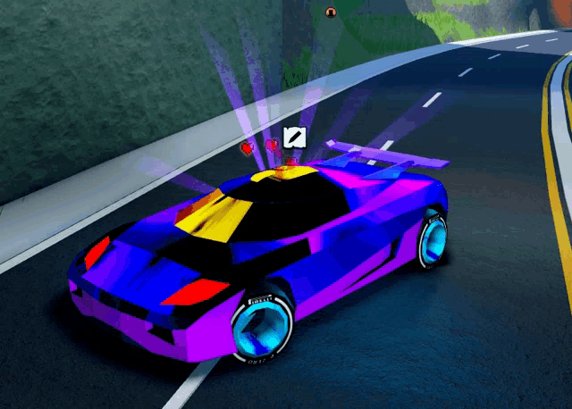 a purple car with a yellow top is driving on a road