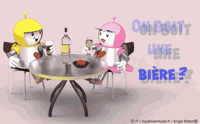 a cartoon of two robots sitting at a table with the words " on boit une biere " above them