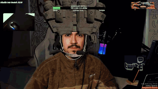 a computer screen shows a man wearing a helmet with glowing goggles
