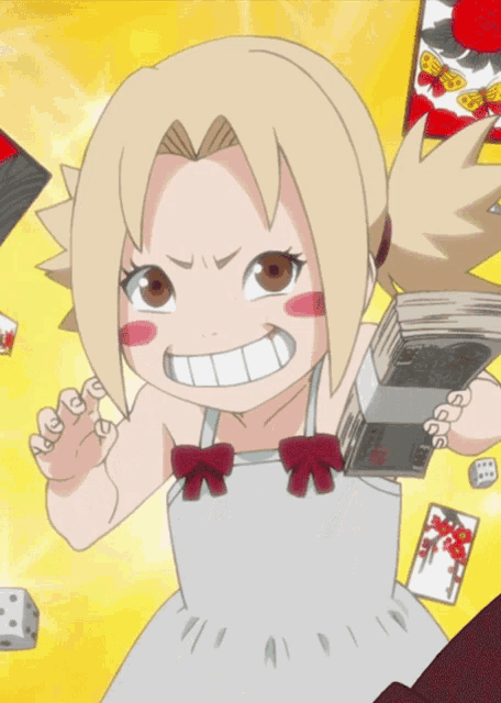a girl in a white dress holds a stack of money in her hand