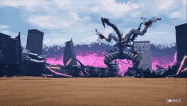 a video game screen shows a giant monster destroying buildings