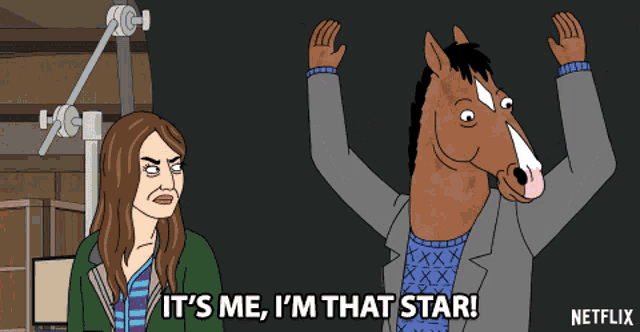 a cartoon of a woman and a horse saying it 's me i 'm that star on netflix