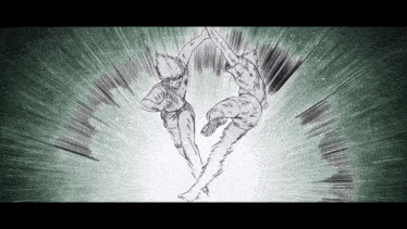 a black and white drawing of two men kicking each other .