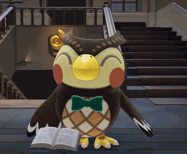 a cartoon owl with a green bow tie holds an open book
