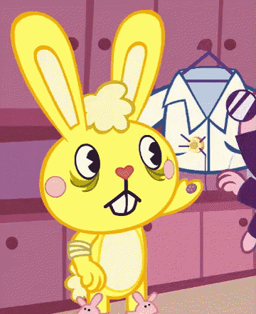 a yellow cartoon rabbit with a bandage on its arm