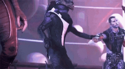 a video game character is shaking hands with another video game character .