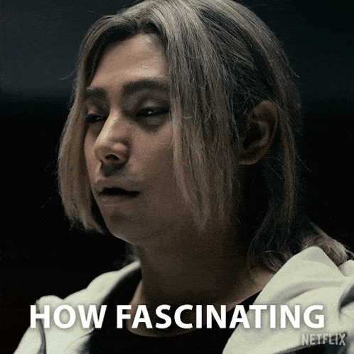 a close up of a man 's face with the words " how fascinating " on the bottom right