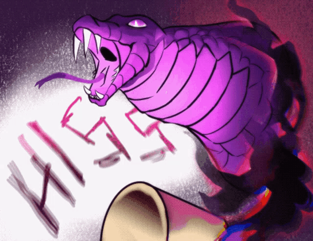 a drawing of a purple snake with the letters eee written on it