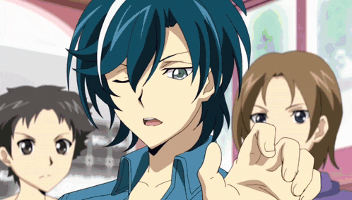 a boy with blue hair is making a funny face while a girl looks on